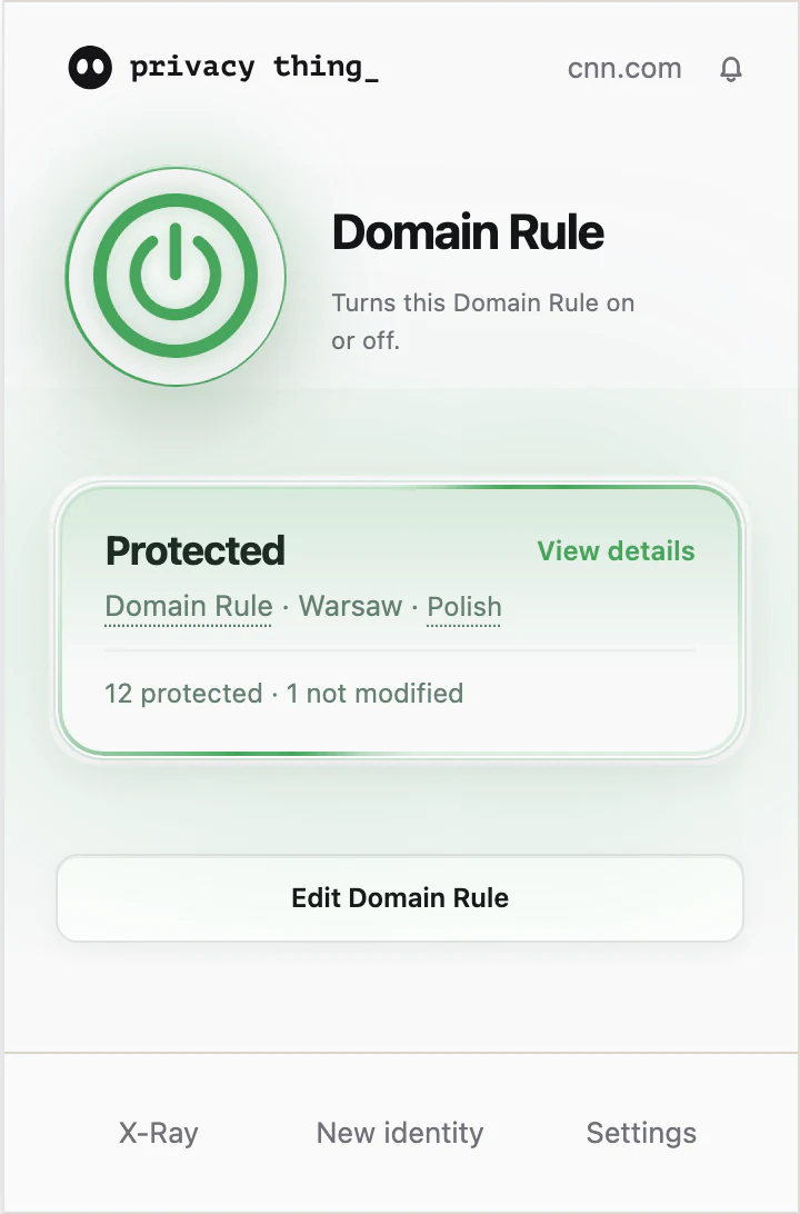 Privacy Thing popup showing the active rule for the current website