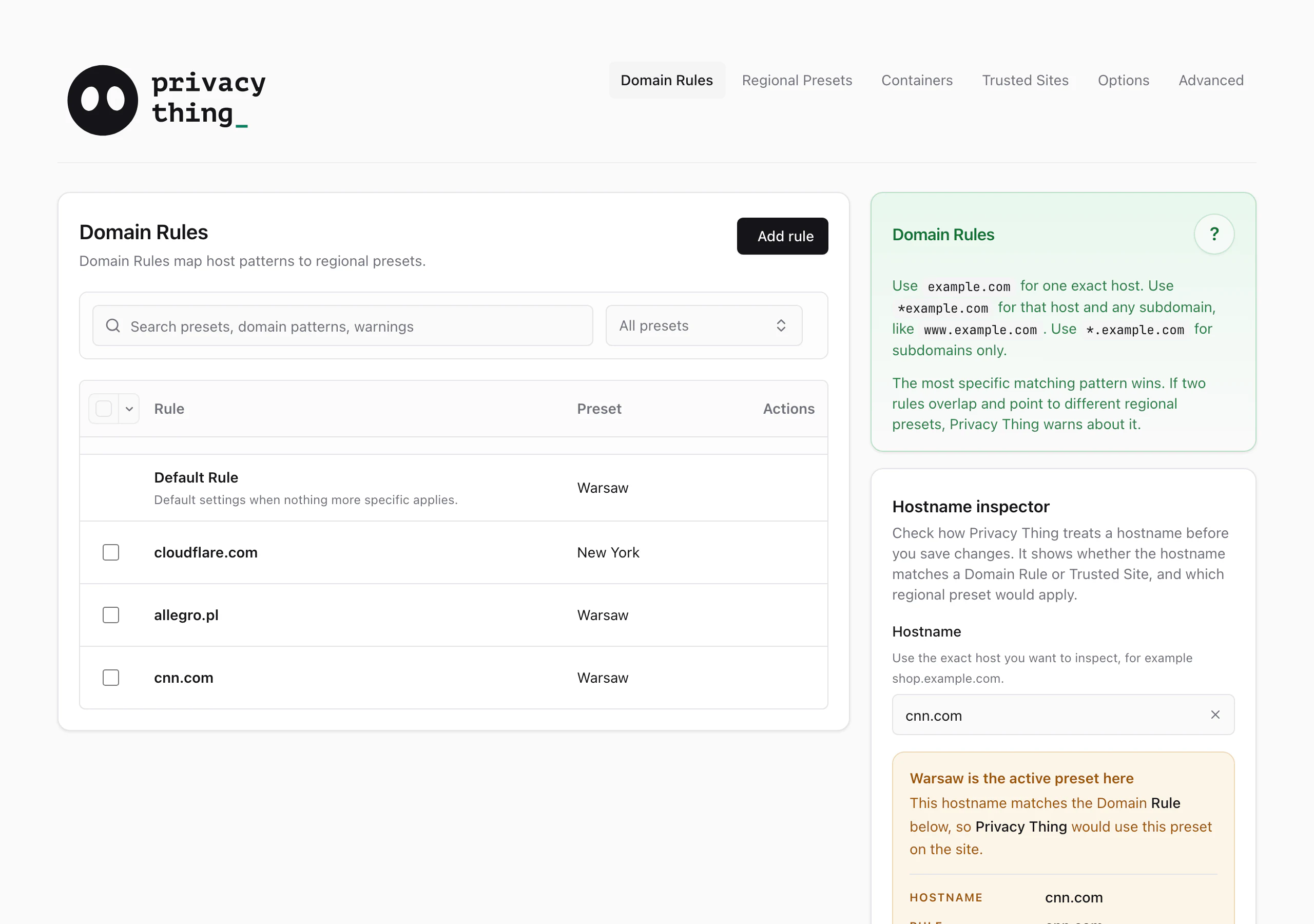 Privacy Thing Domain Rules panel with presets assigned to domains
